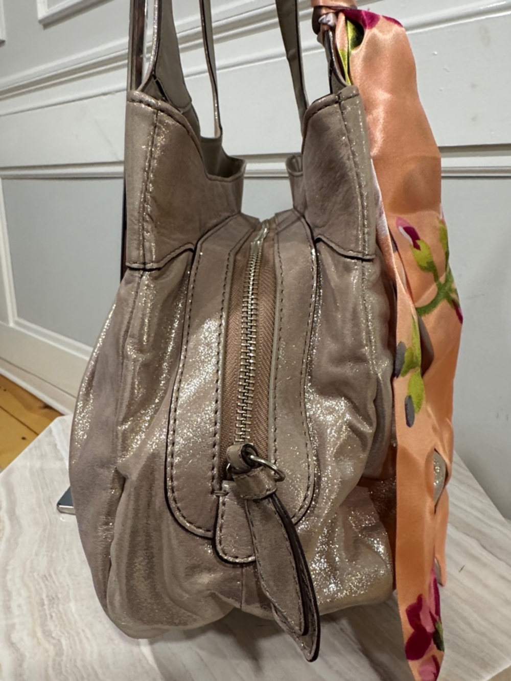 Coach Bag Lexi Metallic Gold Champagne Sparkle Leather Pleated Shoulder Bag - Picture 5 of 17